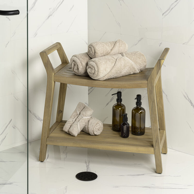 Orla 25.6" Modern Classic Slatted Solid Acacia Wood Indoor/Outdoor Shower Bench with Shelf and Handle image number 1