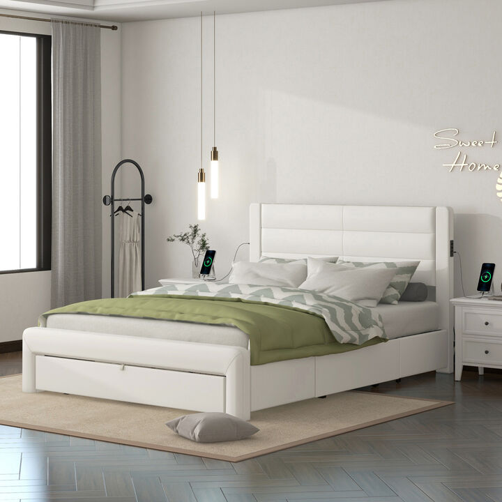 Queen Size Bed Frame with Drawers Storage, Leather Upholstered Platform Bed with Charging Station, White