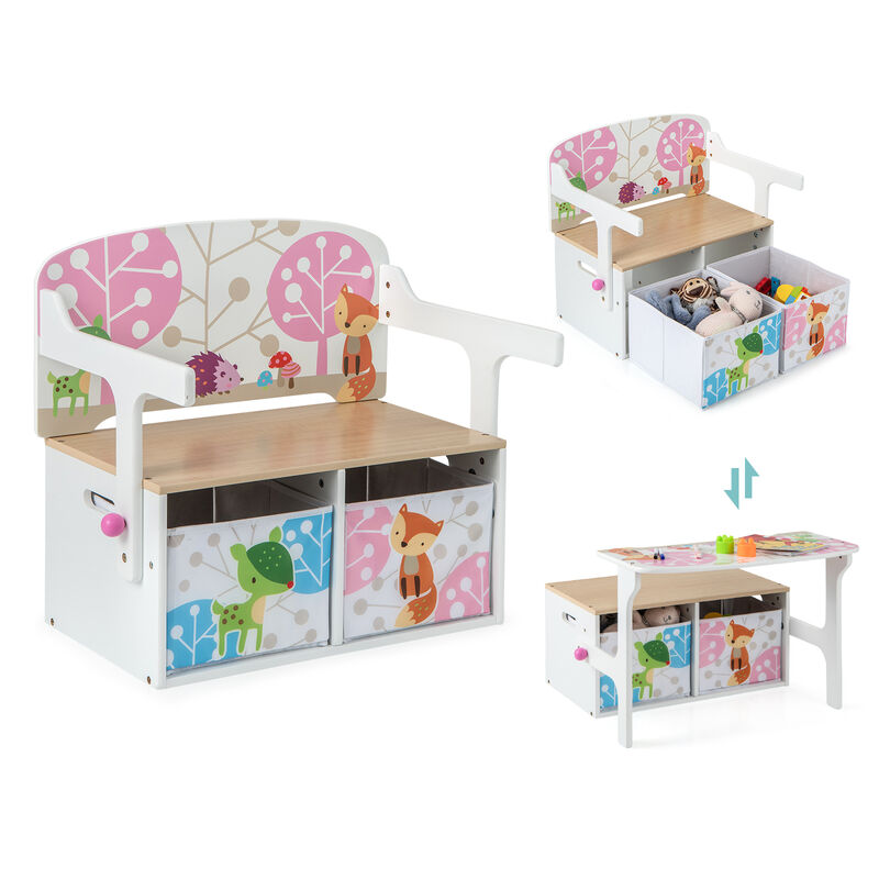Kids Convertible Activity Bench with 2 Removable Fabric Storage Bins