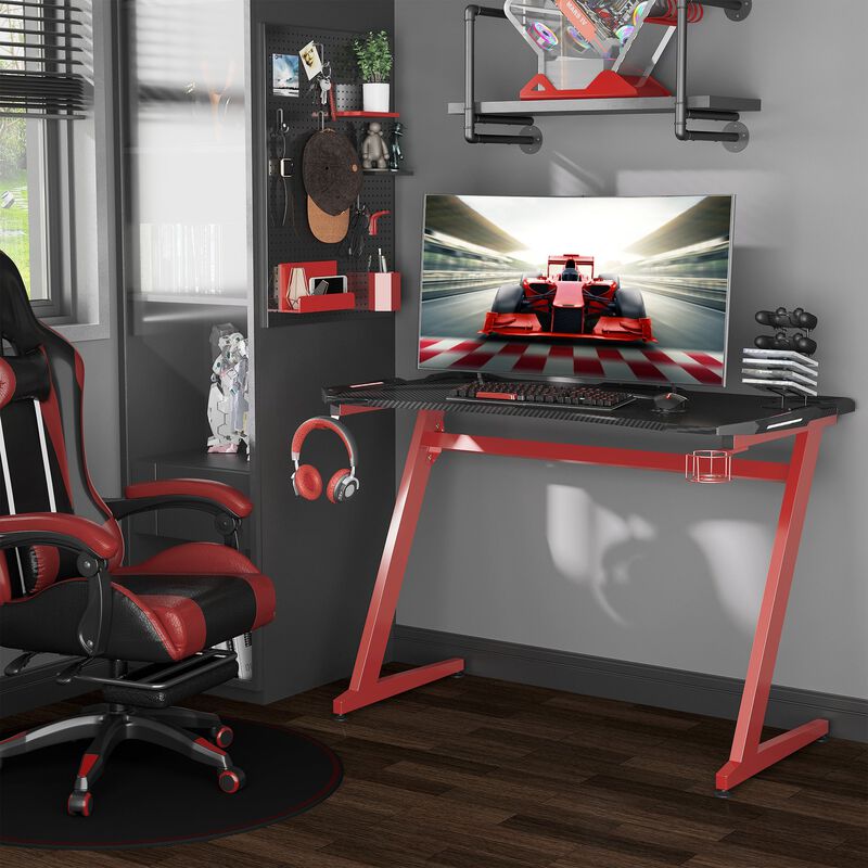 48 Inch Gaming Desk with Large Tabletop, Racing Computer Desk with Cup Holder and Headphone Hook, Black/Red