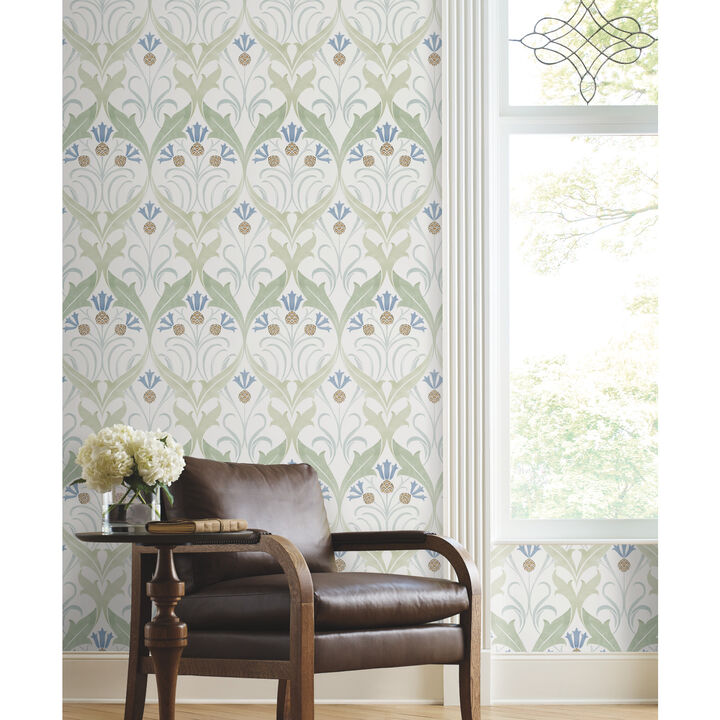 Pine Cone Ribbon Green & Blue Metallic Wallpaper