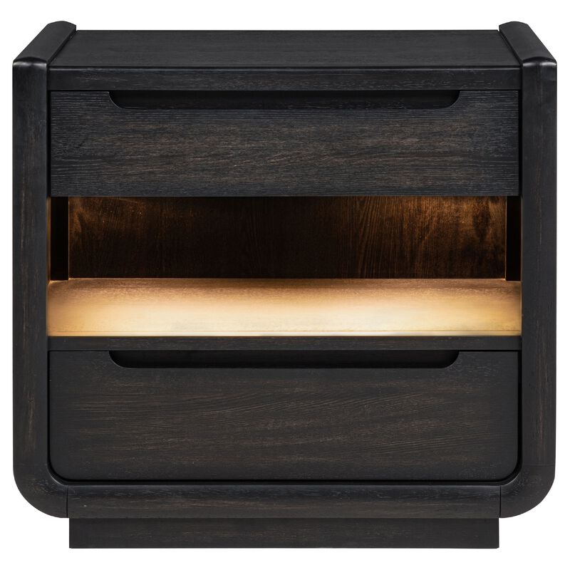 Lina Nightstand with 2 Drawers, LED Light, Dual USB Port, Black Wood image number 2