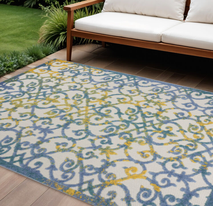 HomeRoots 6' X 9' Ivory Blue And Yellow Trellis Indoor Outdoor Area Rug