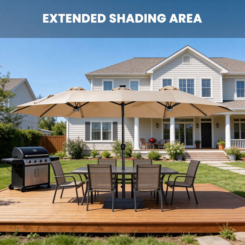 15FT Double-Sided Heavy Duty Solar RGB LED Patio Umbrella with Base, Dual Charging, Crank Handle image number 2
