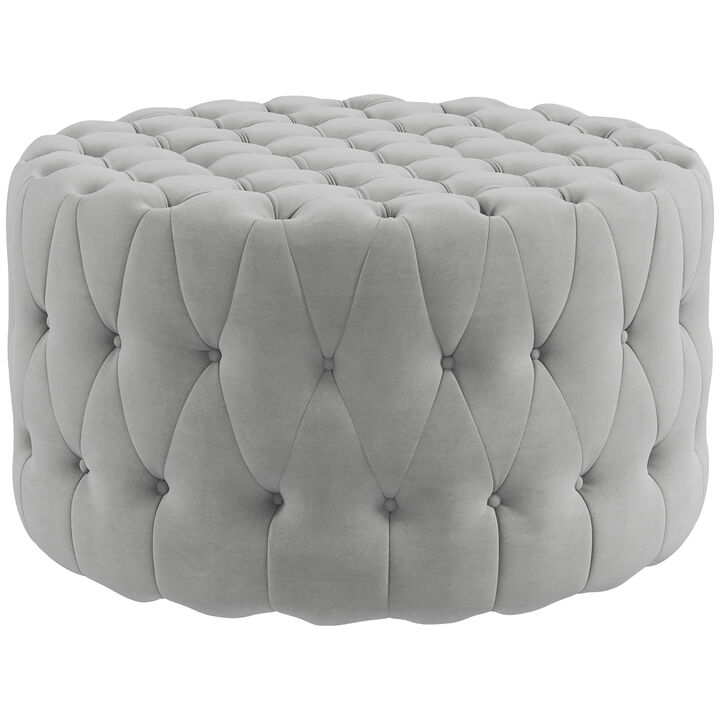 HOMCOM Round Ottoman, Velvet-Feel Upholstered Foot Stool with Button Tufted Design and Padded Seat for Living Room, Entryway, Light Gray