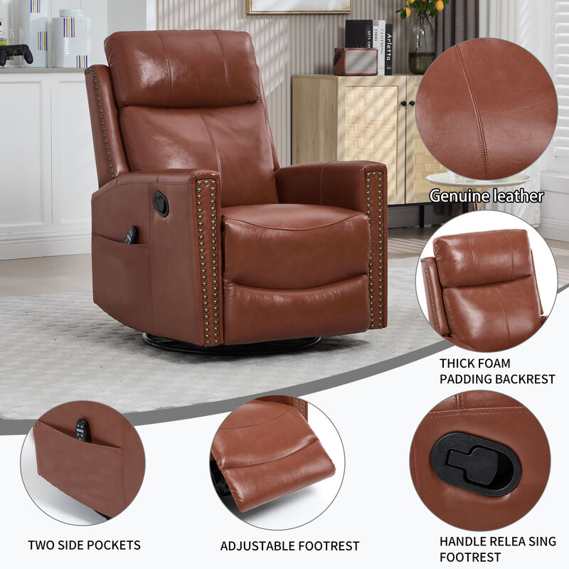Gnuine Leather Heat Massage Manual Recliner Chair with Rocker and Swivel image number 5