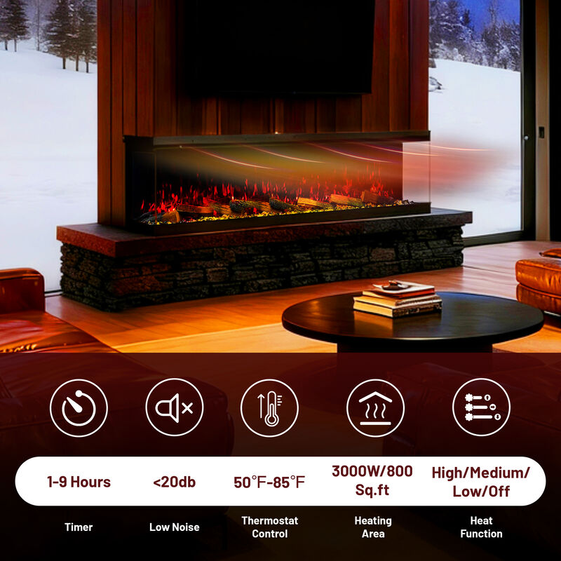Mondawe Wall/Recessed Panoramic 60" Three-Sided Electric Fireplace With Multi-Color LED Flame and Smart Controls image number 5