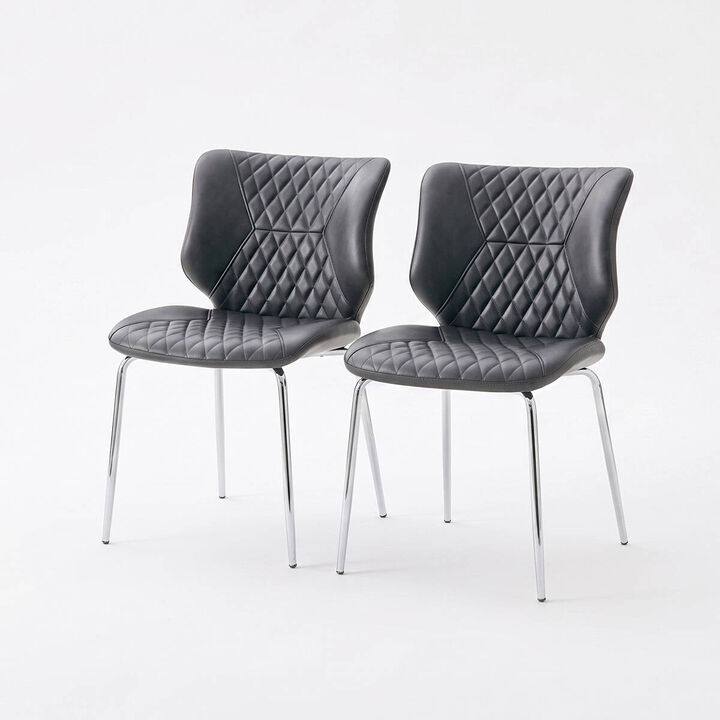 Set of 2 Leather Dining Chairs Square High Back Dining Chairs with Diamond Tufting Retro Dining Chairs with Metal Legs and Back Handle
