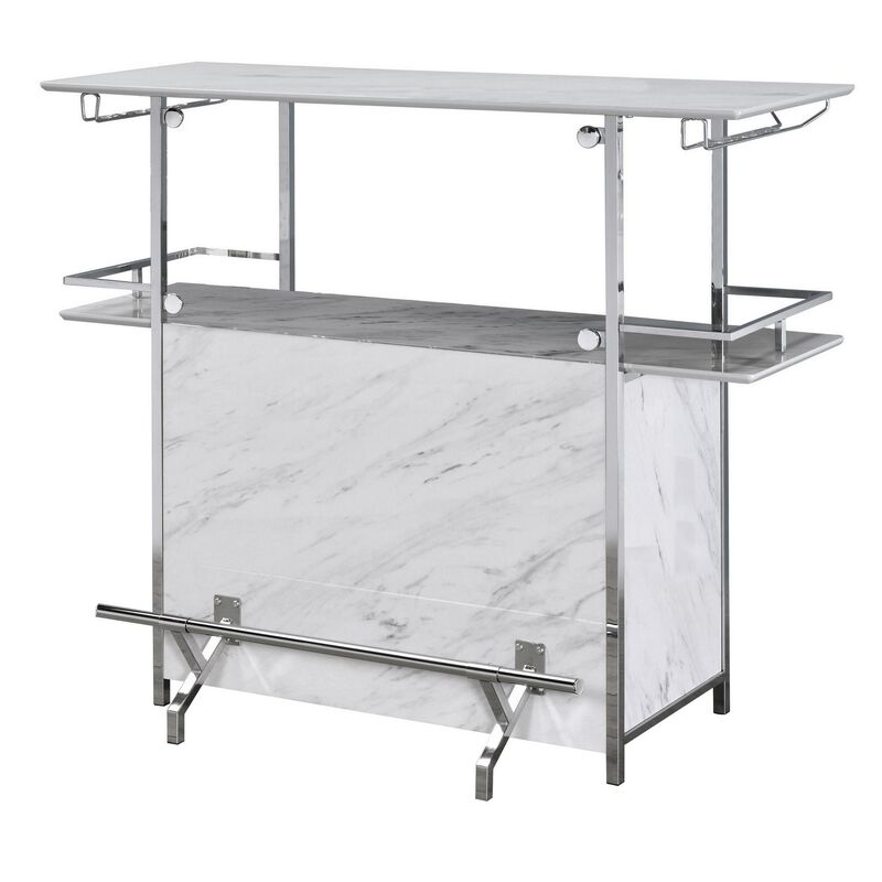 Bar Table with Faux Marble and Chrome Finish, White and Silver-Benzara