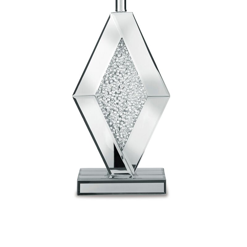 30 Inch Table Lamp, Mirrored Crystal Accent Geometric Base, Chrome, White - Benzara