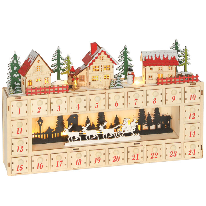 HOMCOM Advent Calendar with 24 Drawers Countdown to Christmas, Lighted Wood-Effect Advent Calendar, Battery Operated for Holiday Decoration