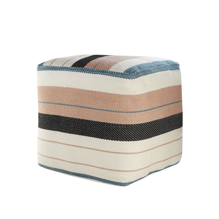 Indoor Outdoor Polyester Striped Pouf Ottoman for Seating and Home Decor