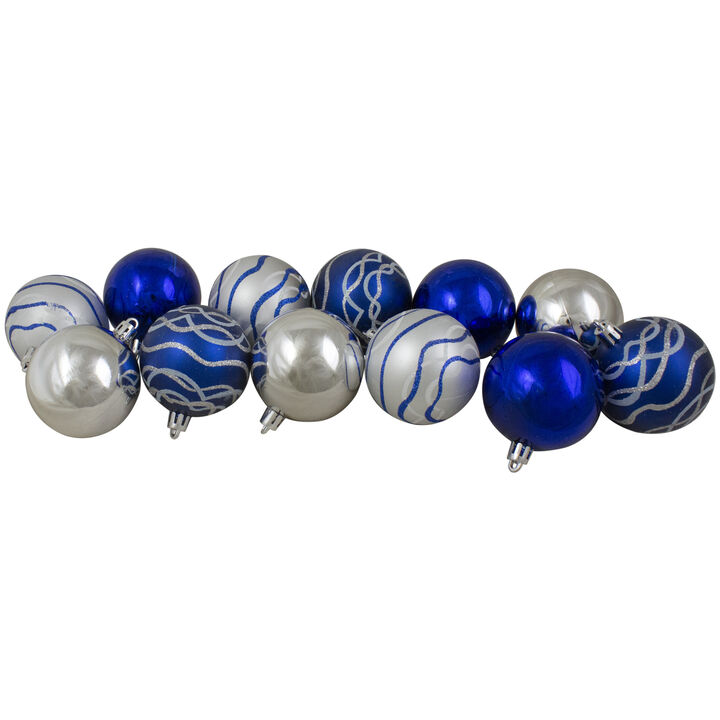 12ct Blue and Silver Glitter Shatterproof 2-Finish Ball Christmas Ornaments 2.25"