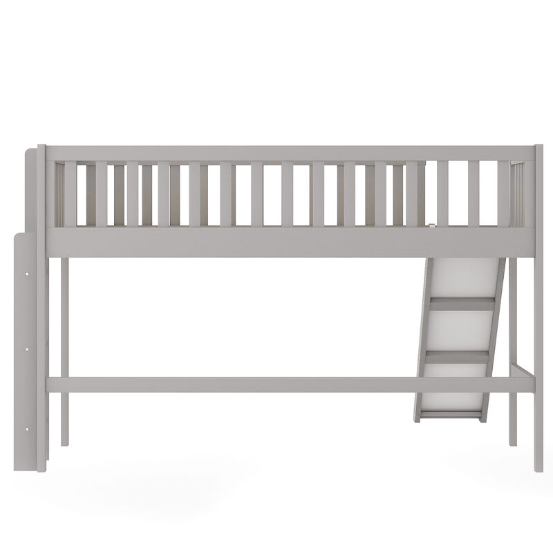 Whisen Twin Size Wood Low Loft Bed with Ladder and Slide - Gray