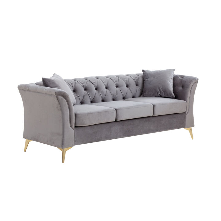 Modern Chesterfield Curved Sofa Tufted Velvet Couch 3 Seat Button Tufted Couch with Scroll Arms and Gold Metal Legs Grey