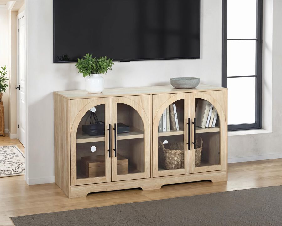 4‑Door Arched Glass Storage Sideboard, Rustic Buffet Storage Cabinet for Living Room Entryway