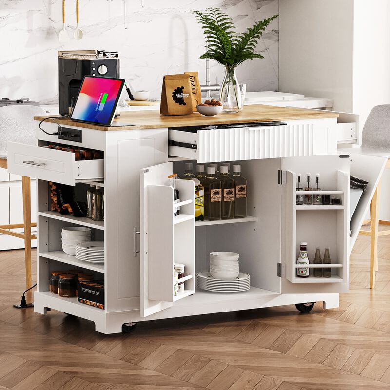 ELEMENT ACE Fluted Kitchen Island with Trash Can Storage Cabinet, Power Outlet, Adjustable Shelves and Mobile Design image number 1
