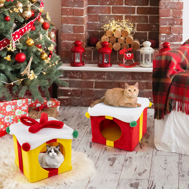 Christmas Cat House Set &ndash; 2 Gift Box Shaped Houses with Decorative Bow image number 3
