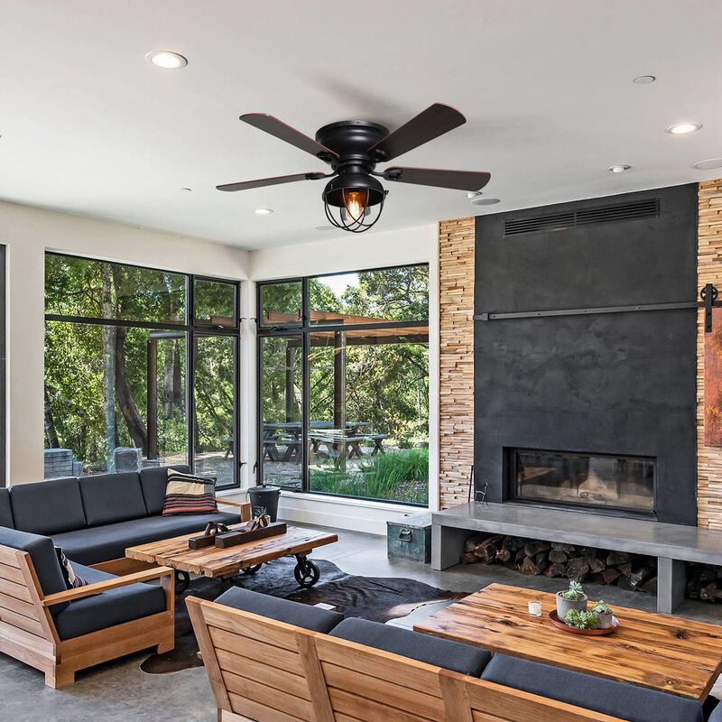 42" Industrial Wood 5-Blade Matte Black Flush Mount Ceiling Fan with Remote