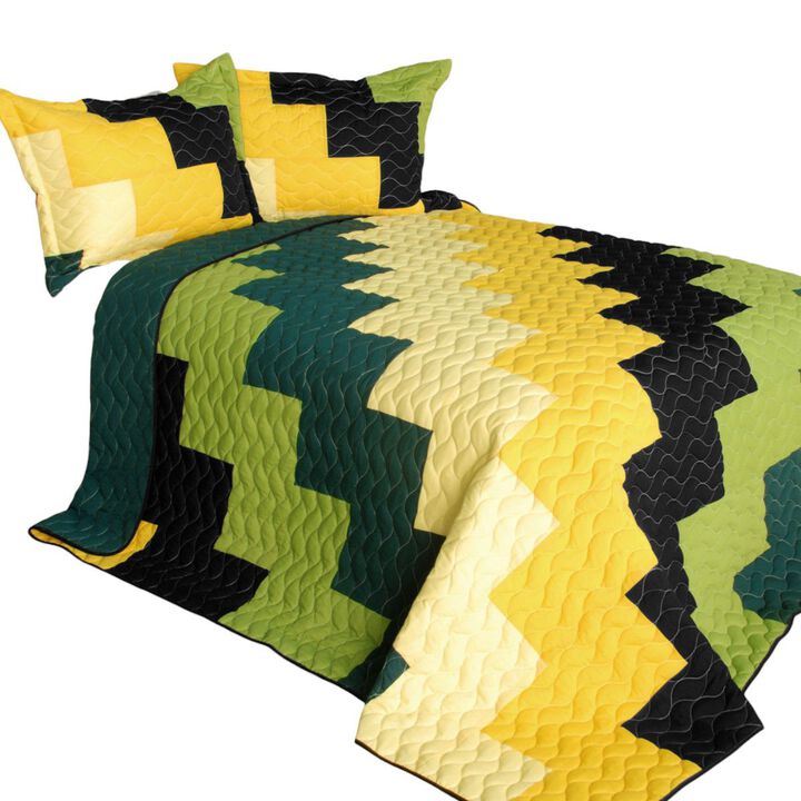 Reversible Queen Size Patchwork Quilt Set with Vermicelli Quilted Detailing-Multi color