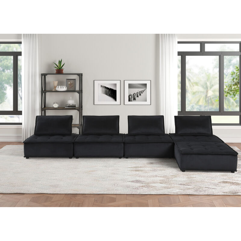 Streamdale Anna Black Velvet 5 Piece Sectional Sofa Ottoman image number 1