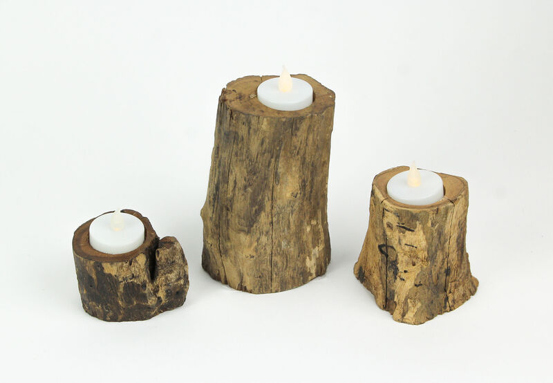 Set of 3 Natural Gamal Branch Wooden Single Tealight Candle Holders image number 1