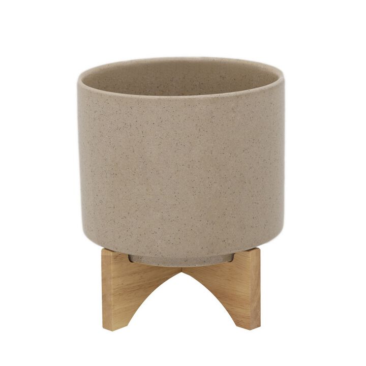 Ceramic Planter with Terrazzo Design and Wooden Stand, Large, Beige- Benzara
