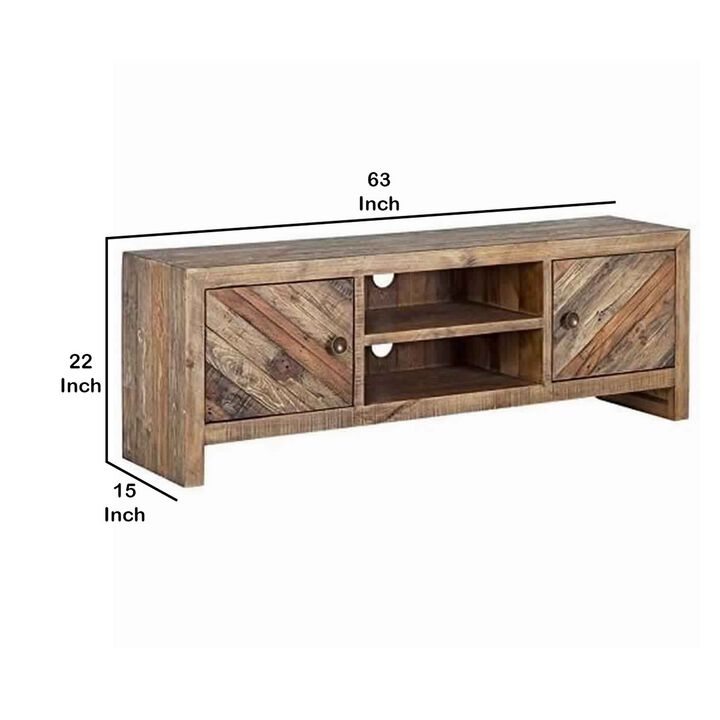Wooden TV Console with 2 Cabinets and Open Center Shelf, Weathered Brown-Benzara