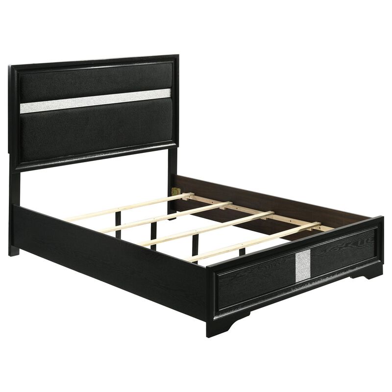 Vino 4pc Full Bedroom Set, Black Upholstery, Glitter Striped Dresser image number 2