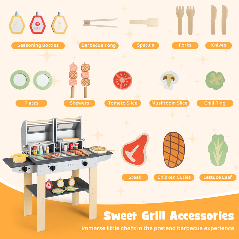 Kids Pretend BBQ Grill Set with Wooden Grill Tools and Play Food Accessories-Grey image number 4