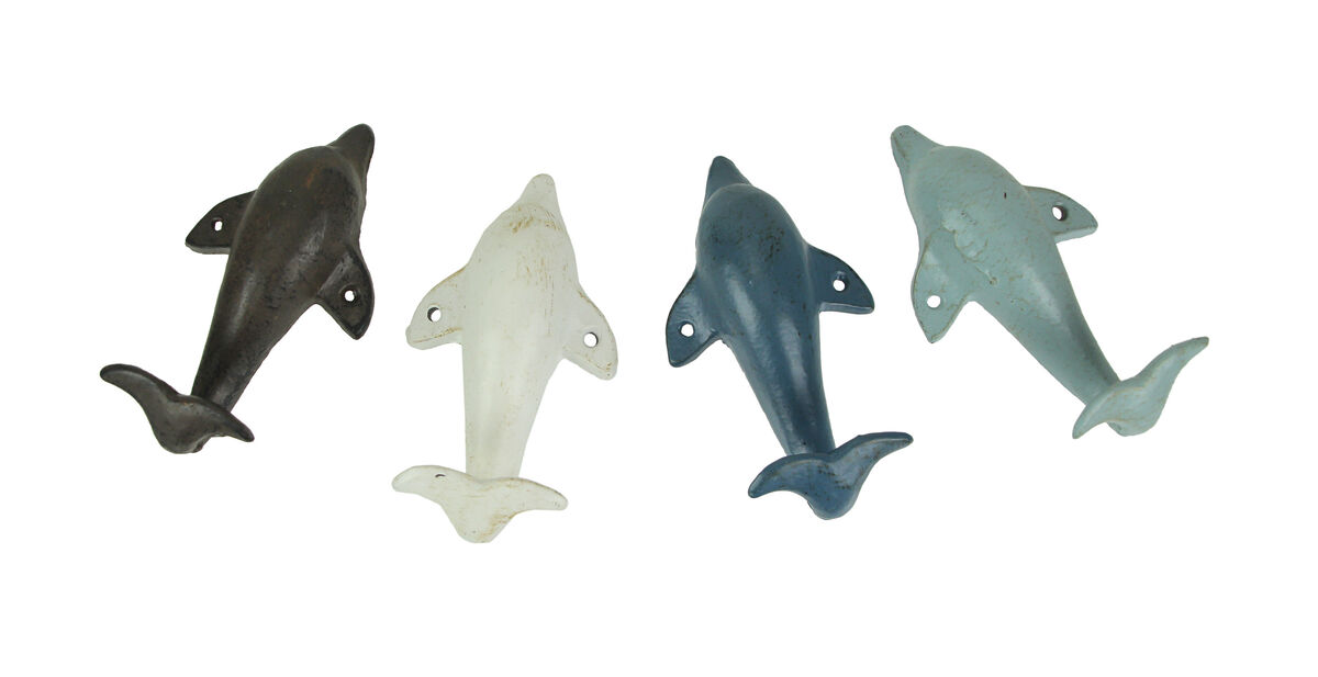 4 Piece Distressed Finish Cast Iron Dolphin Wall D&eacute;cor Towel / Coat Hook Set Coastal Colors