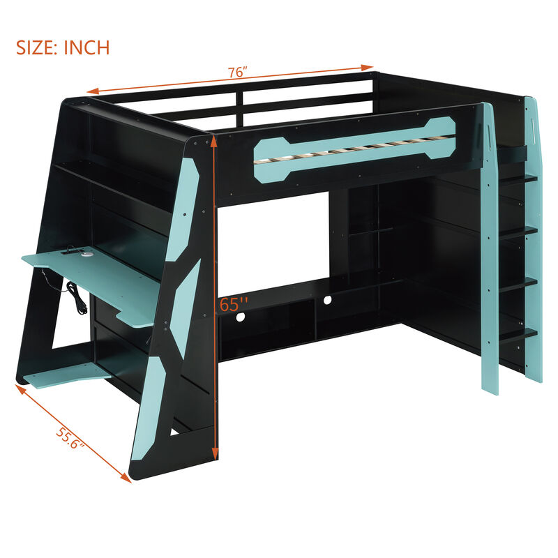 Merax Full Size Wood Loft Bed with Desk, Multi-storage Shelves and RGB Light image number 3