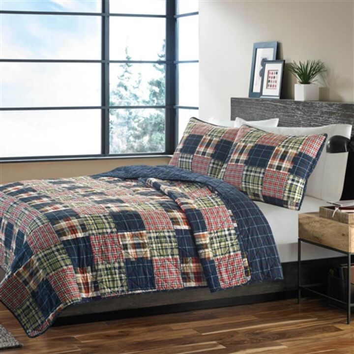 Hivvago Full / Queen Farmhouse Red Navy Plaid 100-Percent Cotton Reversible Quilt Set