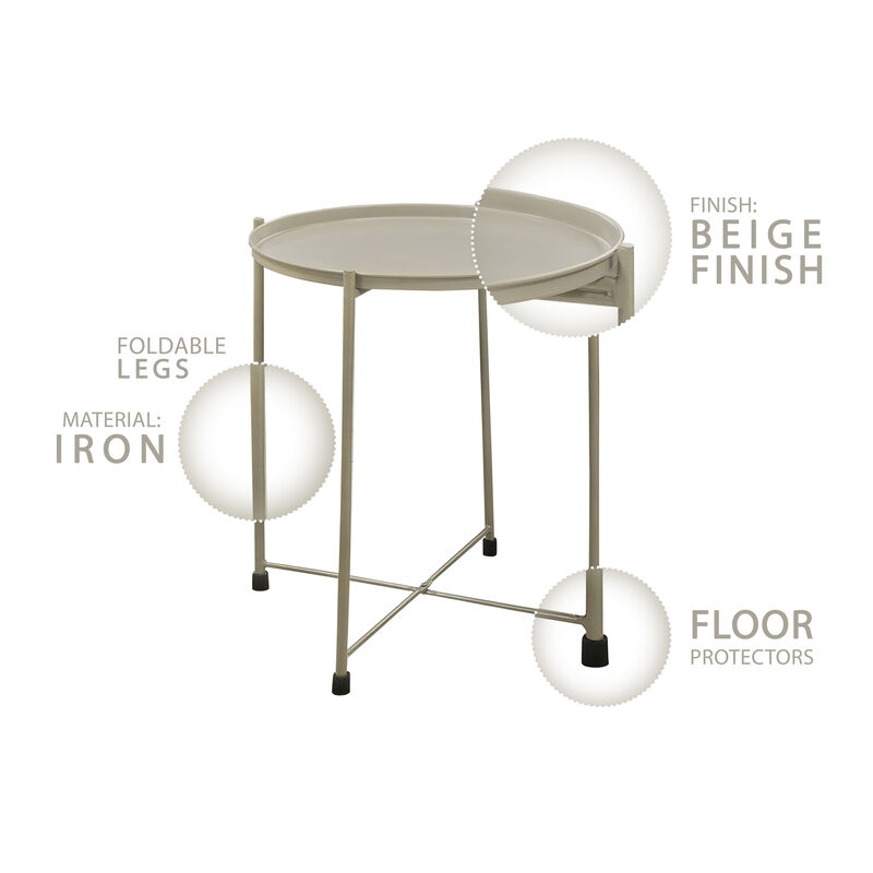 18 Inch Modern Side End Table, Round Metal Tray Top, Foldable Legs, Beige
