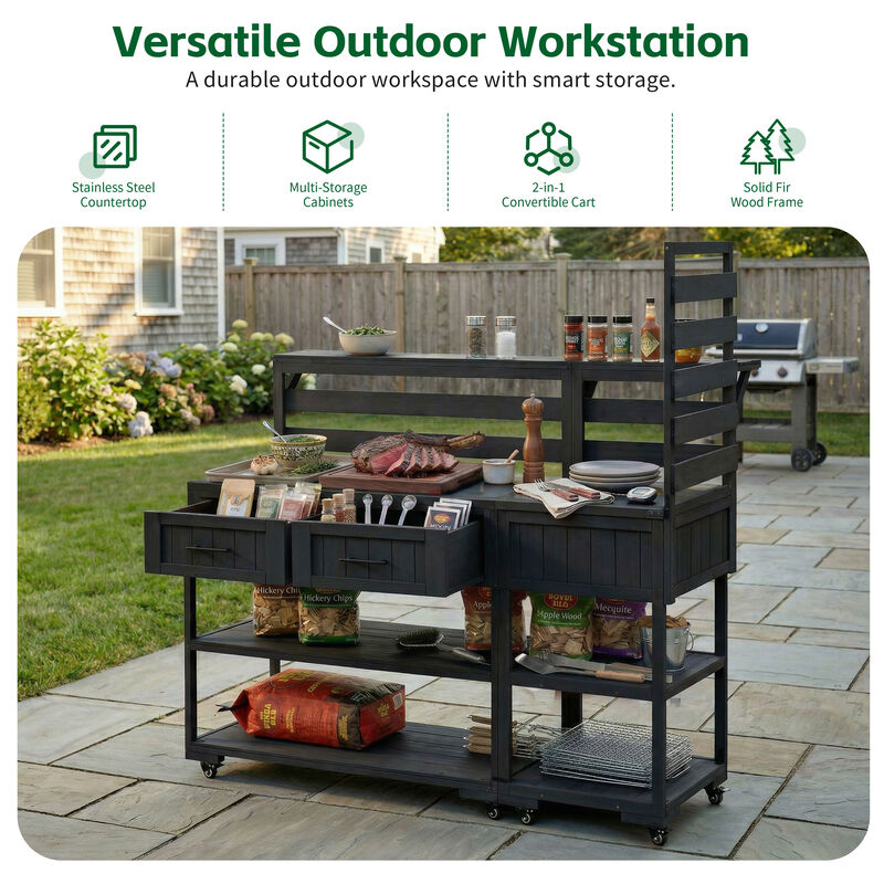 Merax Fir Wood BBQ Prep Cart & Potting Bench with Stainless Top image number 3