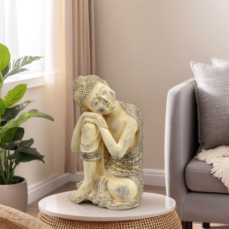 Decorative Resting Buddha Figurine, Antique Beige Resin, 14 Inch - Benzara