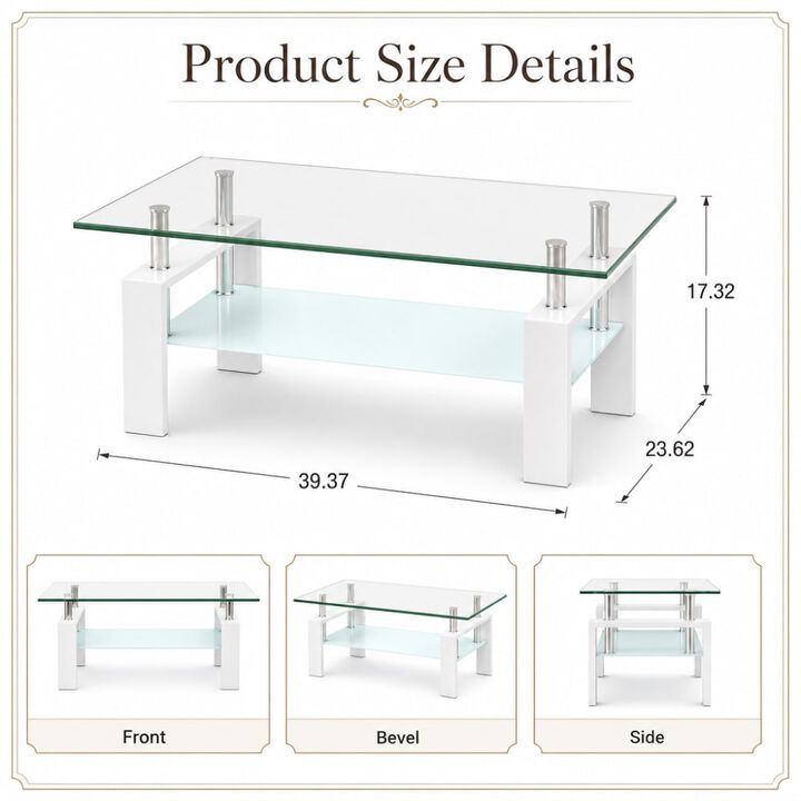 GOODSILO Modern 2-Layer Glass Coffee Table with Sleek Waterfall Edges, Space-Saving Accent Furniture for Living Room, Office & Reception Areas