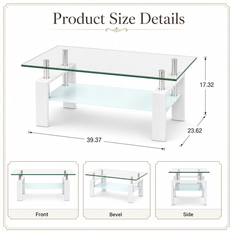GOODSILO Modern 2-Layer Glass Coffee Table with Sleek Waterfall Edges, Space-Saving Accent Furniture for Living Room, Office & Reception Areas image number 1