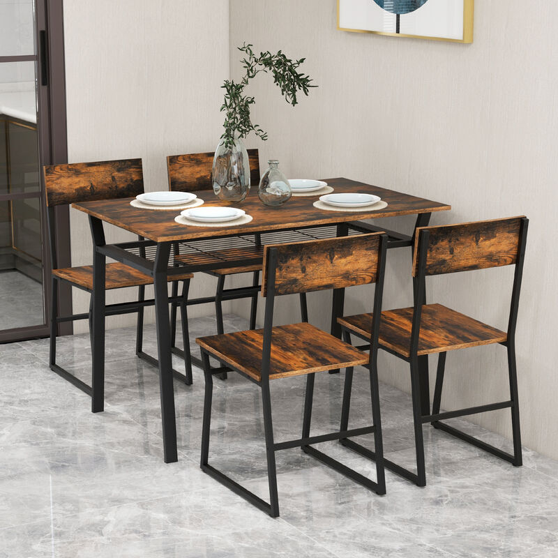 5 Piece Dining Table Set with Storage Rack and Metal Frame