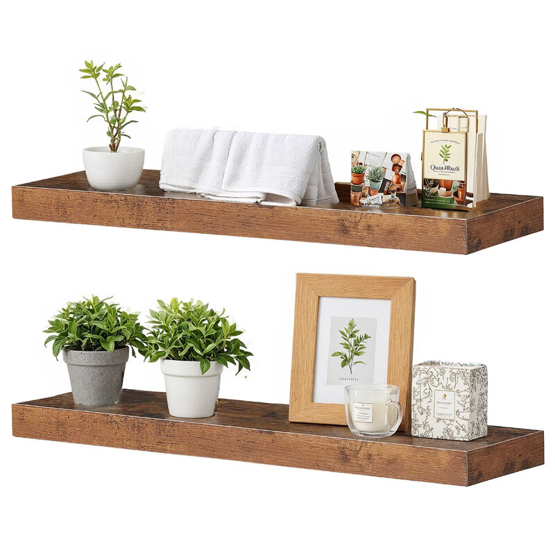 Floating Wall Shelves Set of 2, Wall-Mounted Storage for Bedroom or Living Room-Brown image number 3