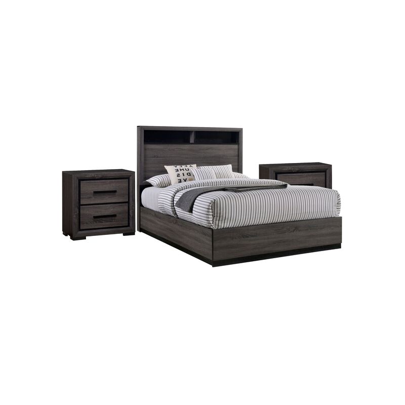 3pc King Bedroom Set, Gray, Black Wood, 2 Nightstands image number 0