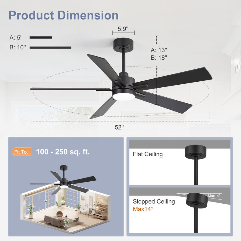 Breezary 52 In Low Profile Ceiling Fan with Light, 5 Blade Fan, 3 CCT Color, 6 Speed Remote Control image number 7