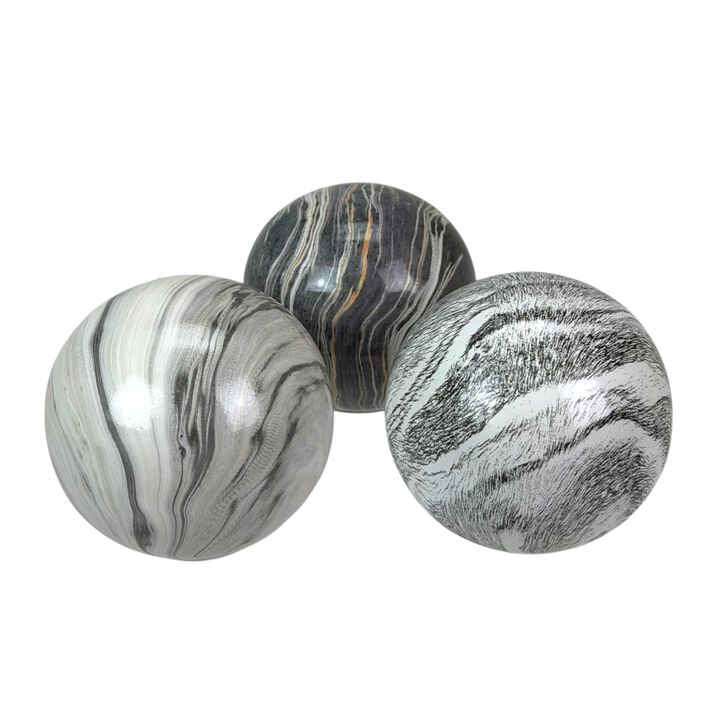 Decorative Orb Set Of 3 Grey Marbled Ceramic Spheres 4 In Tabletop Decor