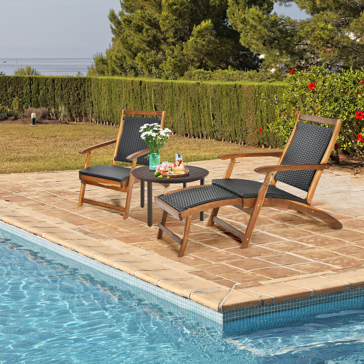 Set of 2 Folding Patio Rattan Lounge Chairs with Acacia Wood Frame and Footrest