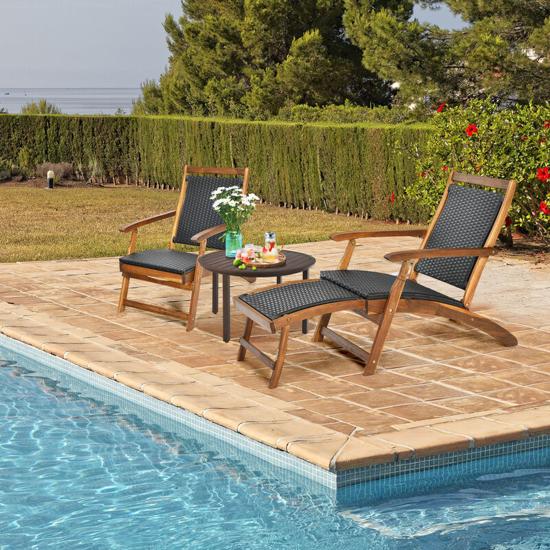 Set of 2 Folding Patio Rattan Lounge Chairs with Acacia Wood Frame and Footrest image number 1