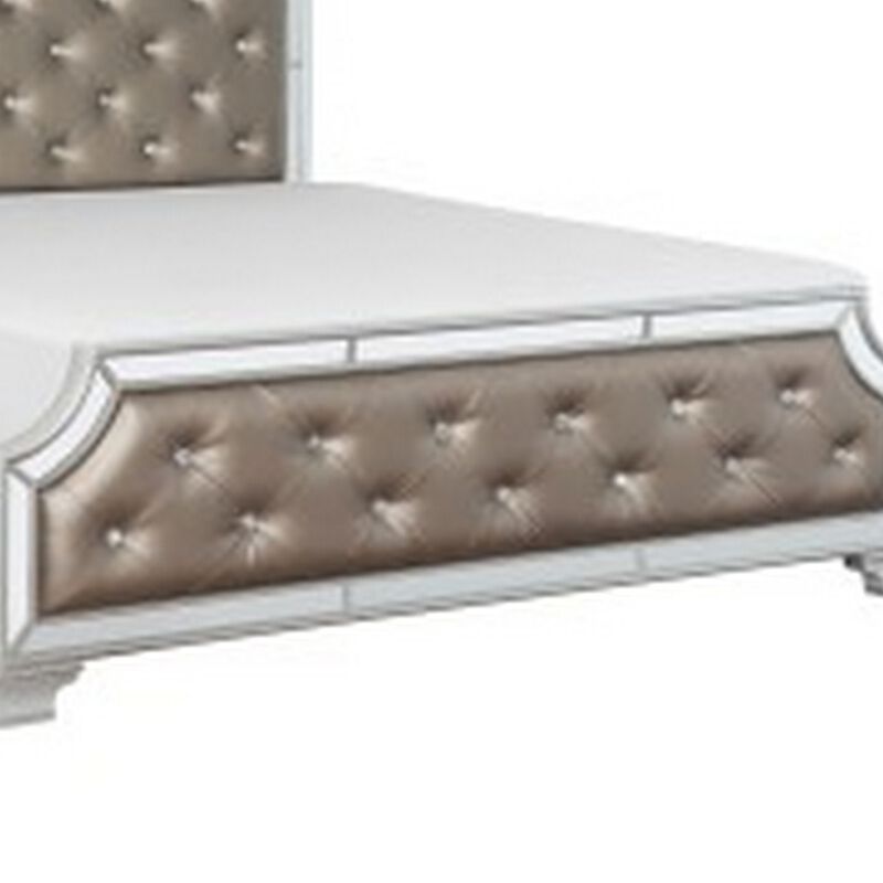 Badra Queen Bed with Crystal Button Tufting, Mirror Trim, Gray Faux Leather - Benzara