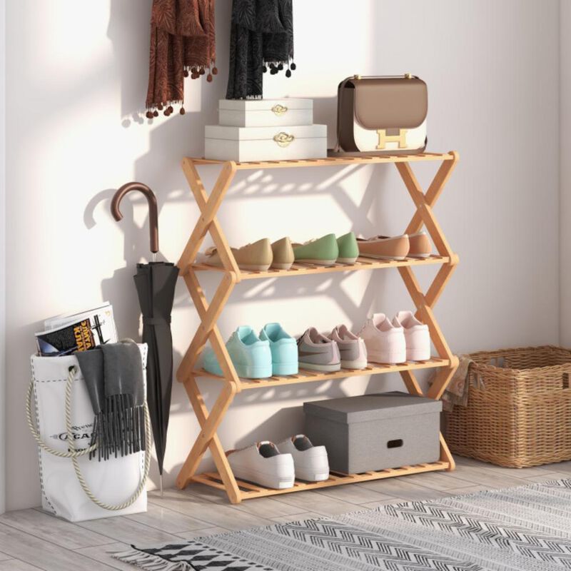 Hivvago 4-Tier Foldable Bamboo Shoe Rack with Slatted Shelves