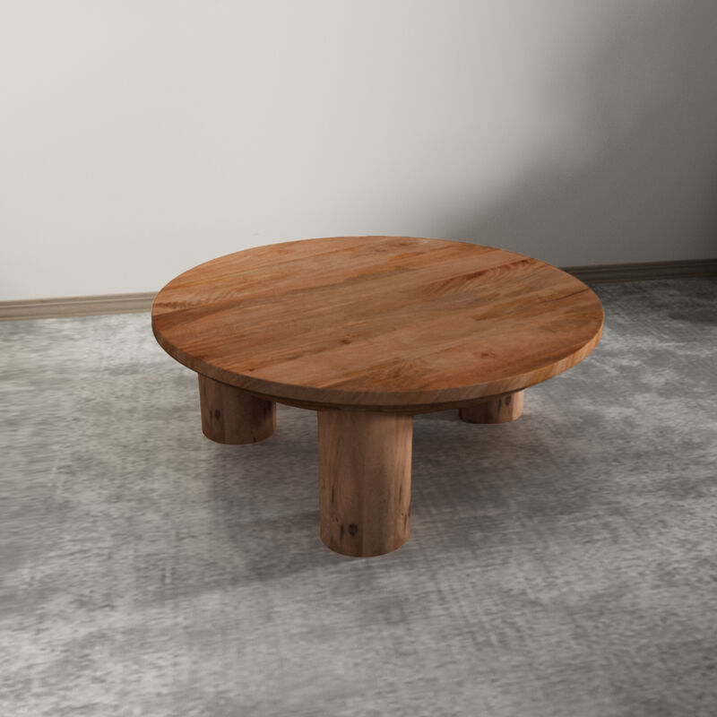 Meridian Coffee Table, 38 Inch Round Top, 3 Column Pillar Legs, Natural Brown Mango Wood image number 6