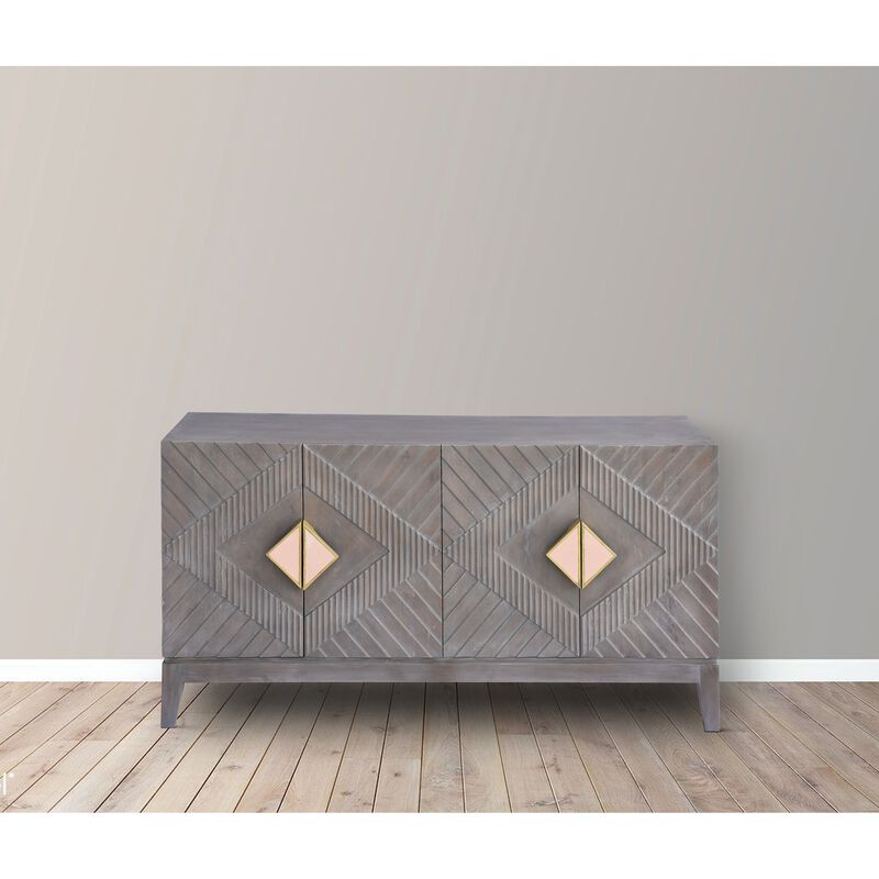 Abiel 55 Inch Mango Wood Sideboard Buffet Cabinet Console, 4 Doors, Inner Shelf, Ornate Diamond Carving, Gray-Benzara