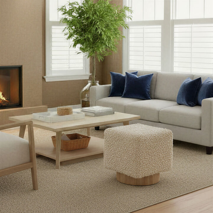 Boucle Upholstered Cotton Woven Stool with Light Wood Base, Ivory